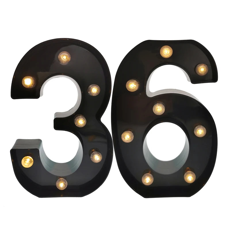 2Pcs 18th 21st 30th 40th 50th 60th Black Number LED Light