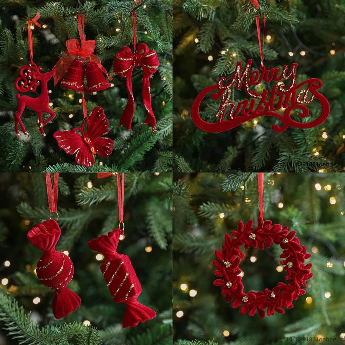Red Flocked Christmas Bow Wreath Bell Christmas Tree Snowfall Elk Pendant Hanging Ornament