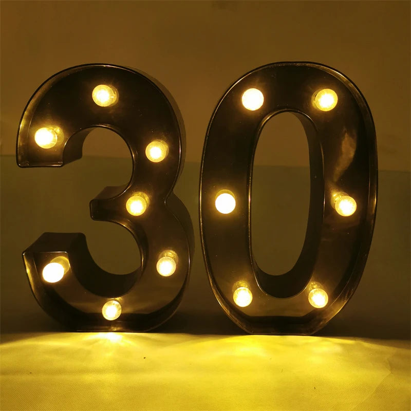 2Pcs 18th 21st 30th 40th 50th 60th Black Number LED Light
