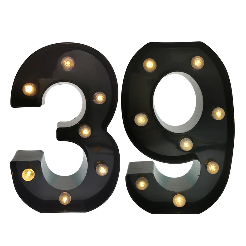 2Pcs 18th 21st 30th 40th 50th 60th Black Number LED Light