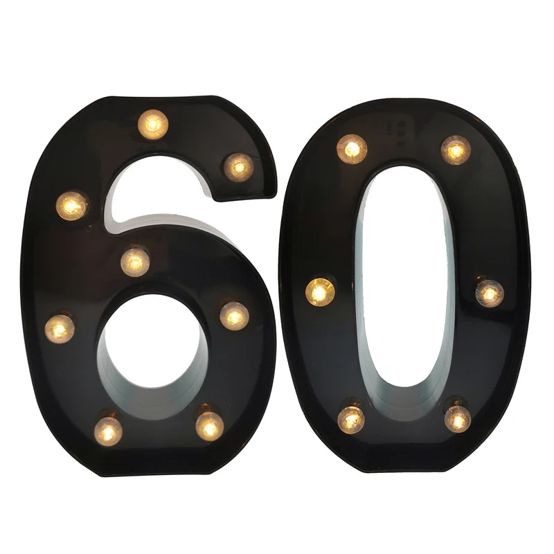 2Pcs 18th 21st 30th 40th 50th 60th Black Number LED Light