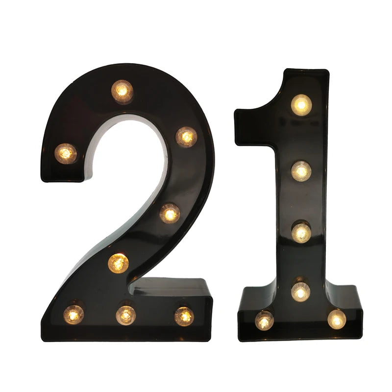 2Pcs 18th 21st 30th 40th 50th 60th Black Number LED Light