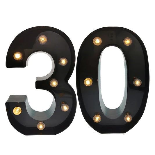 2Pcs 18th 21st 30th 40th 50th 60th Black Number LED Light