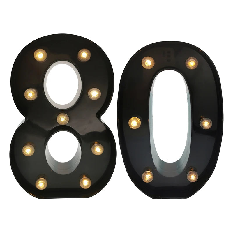 2Pcs 18th 21st 30th 40th 50th 60th Black Number LED Light