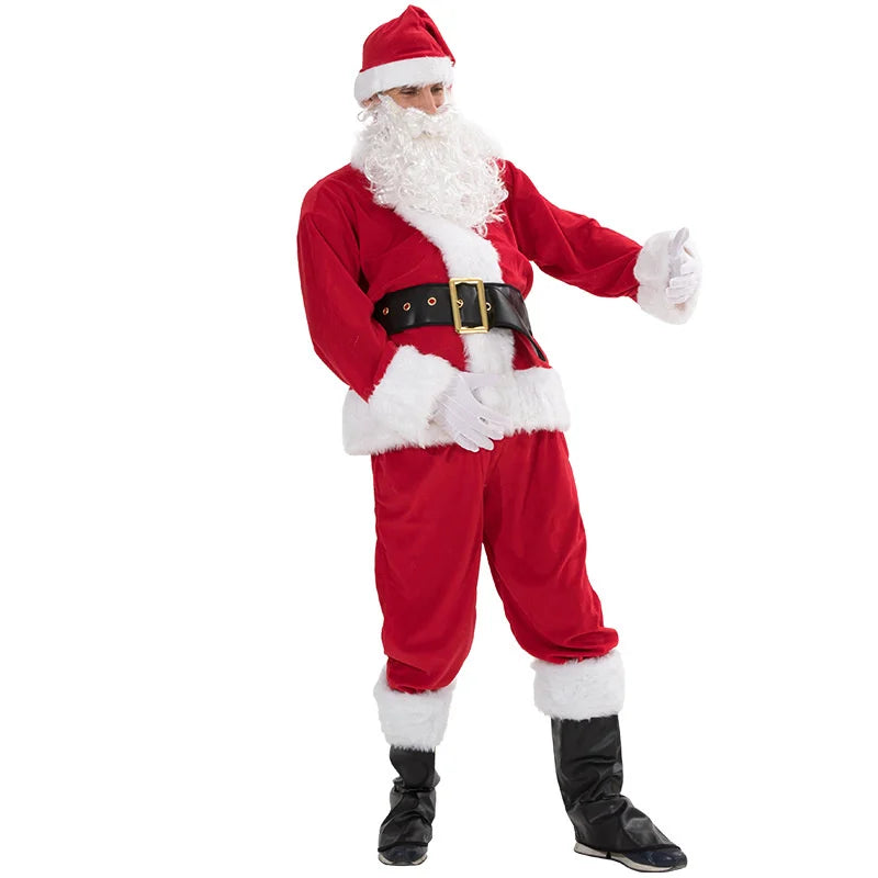 Santa Claus costume with red suit, black boots, and white beard on a white background