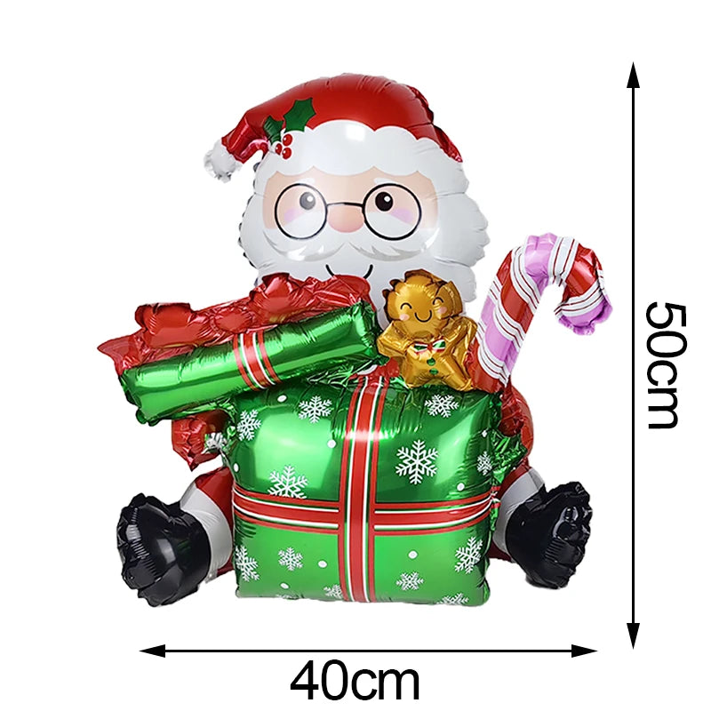 Christmas-themed balloon with Santa Claus holding a gift and candy cane, with dimensions indicated.
