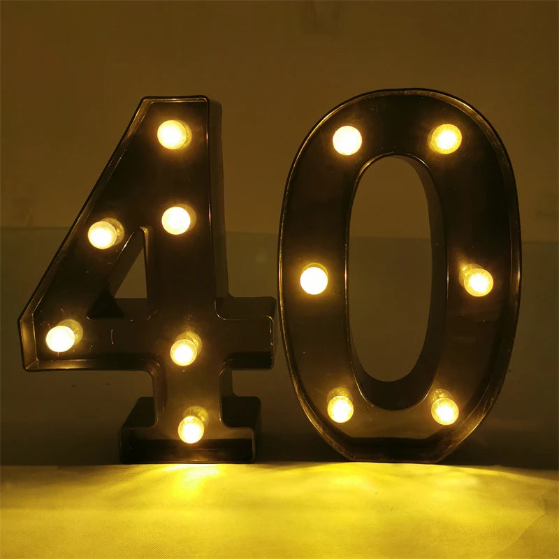 2Pcs 18th 21st 30th 40th 50th 60th Black Number LED Light