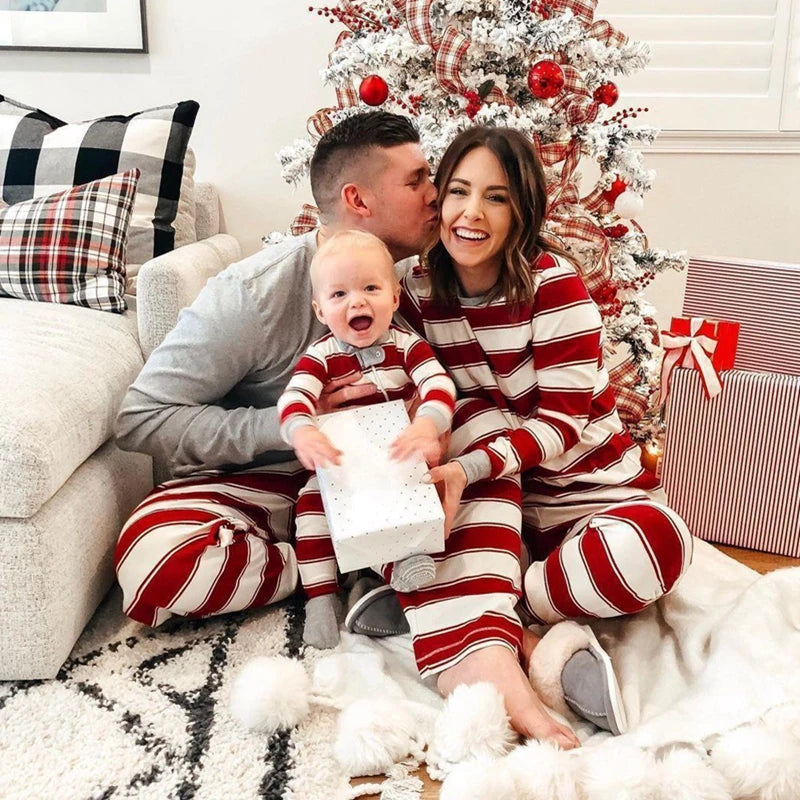Striped Christmas Print Matching Family Pajamas