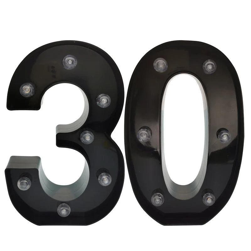 2Pcs 18th 21st 30th 40th 50th 60th Black Number LED Light