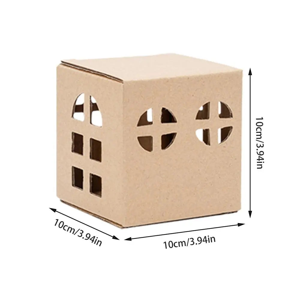 Cardboard box with cut-out windows and dimensions labeled on a white background