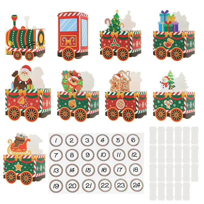 Decorative Christmas train set with numbered cards and small figures on a white background