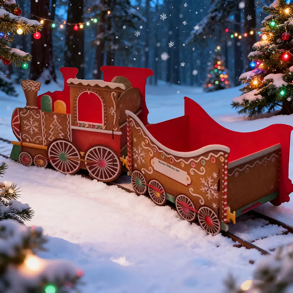 Train Gift holder set in a snowy forest with Christmas trees and lights.