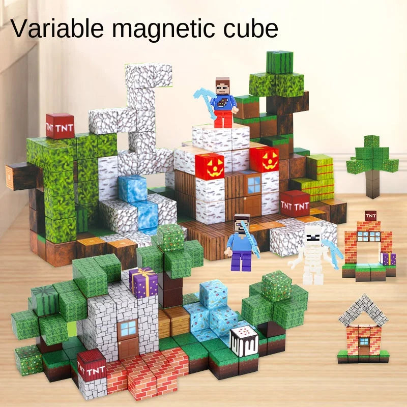 Variable magnetic cube blocks for mining and crafting
