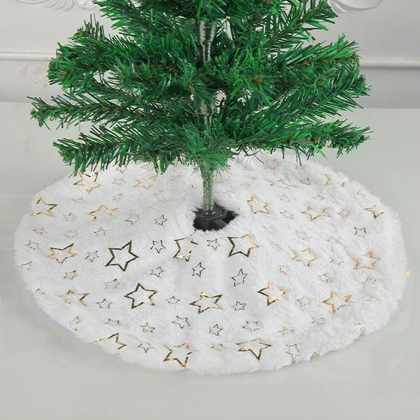 White Faux fur small christmas tree skirt 28cm gold stars