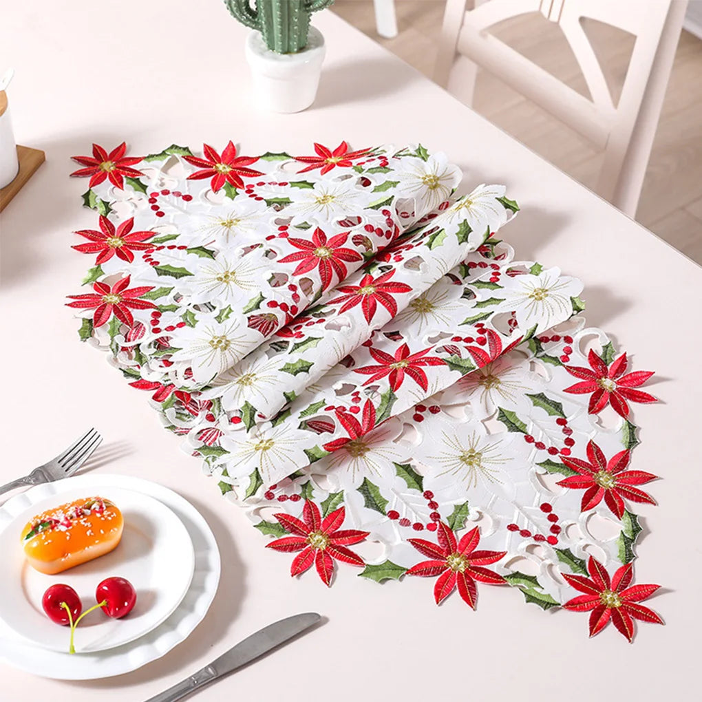 White and red Embroidered Christmas Table Runner