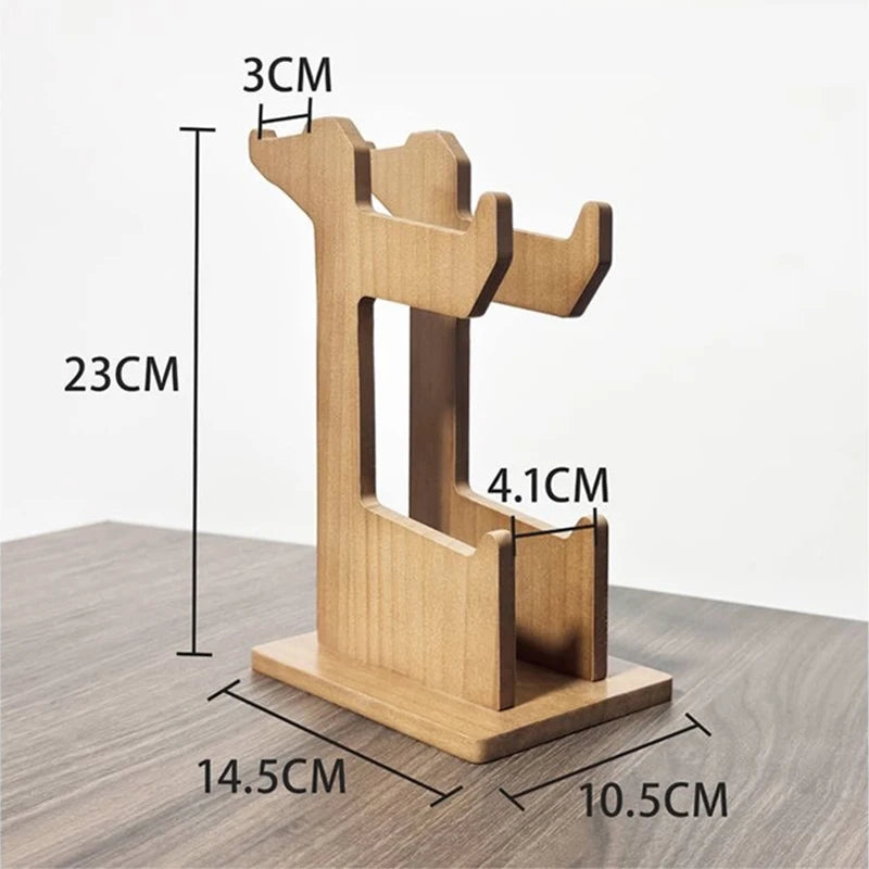A wooden display stand with overlaid dimension labels showing 23CM height, 14.5CM base width, 10.