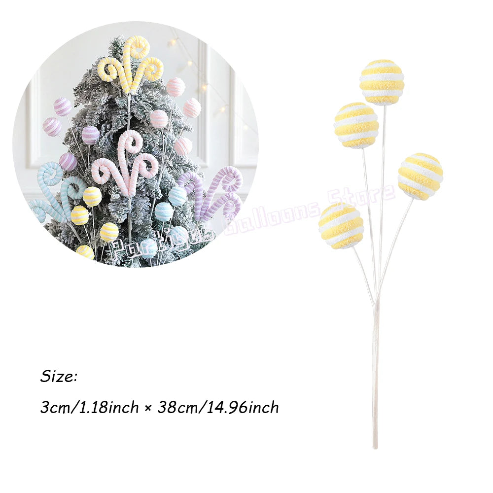 Yellow and white candy cane Christmas tree ball stems