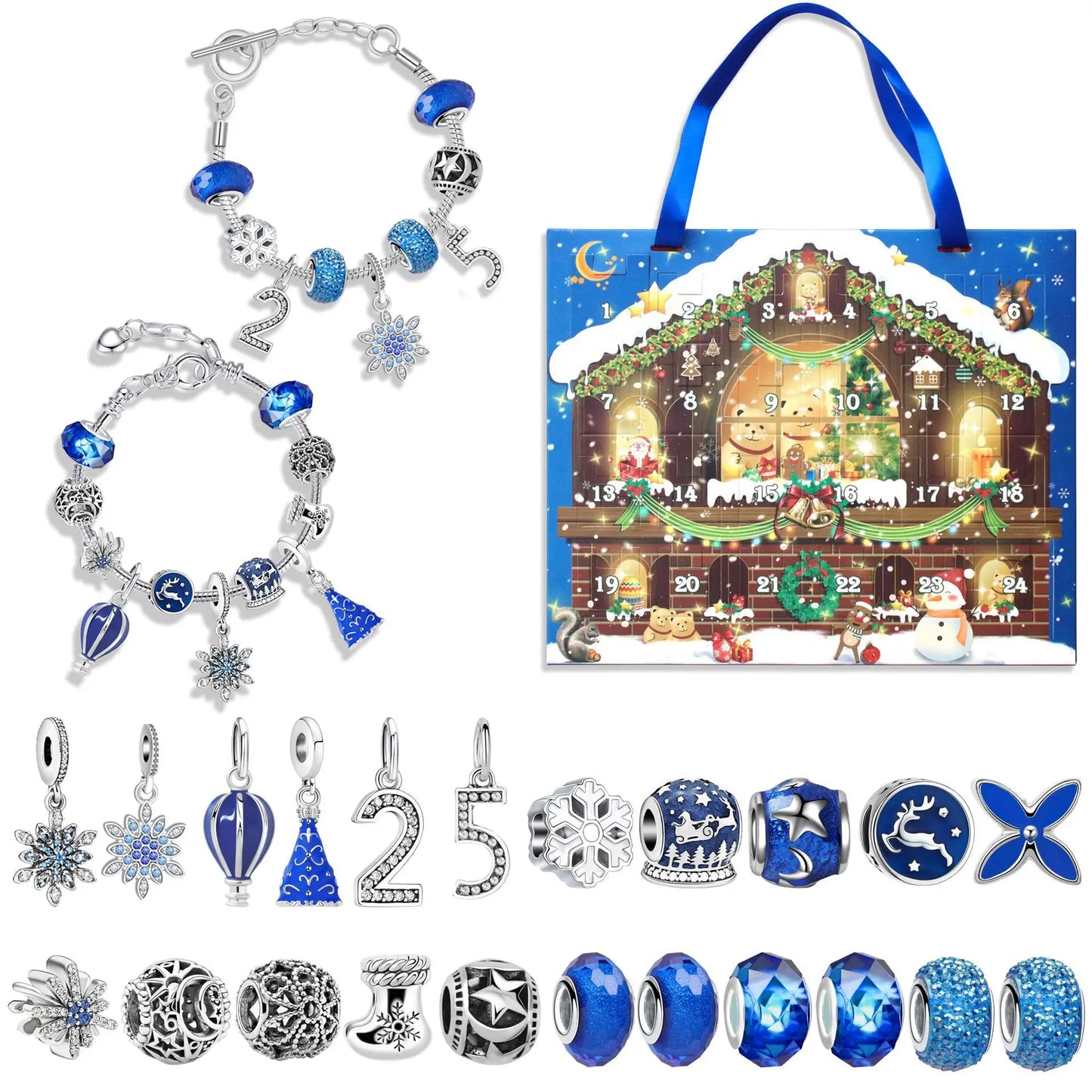 Set of charms and a decorative advent calendar on a white background