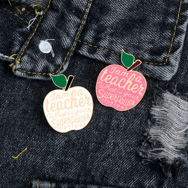 Teacher Superpower pin Christmas gift pink white apple