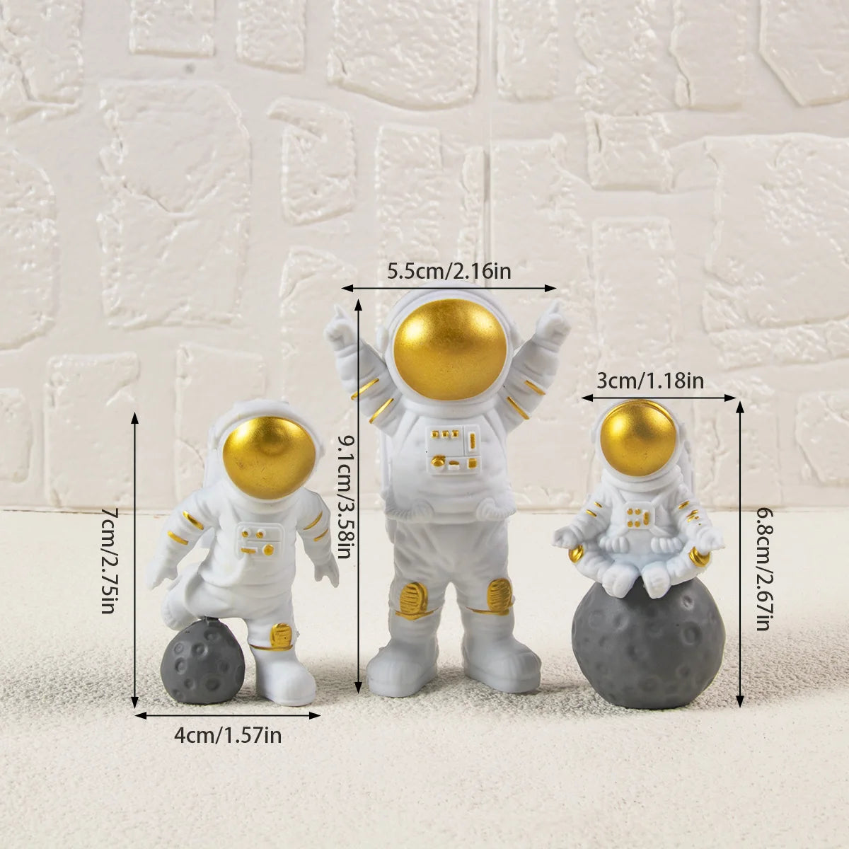 gold and white astronaut cake topper dimensions