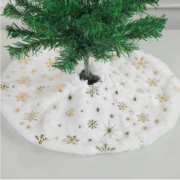gold snowflake white fur Christmas tree skirt