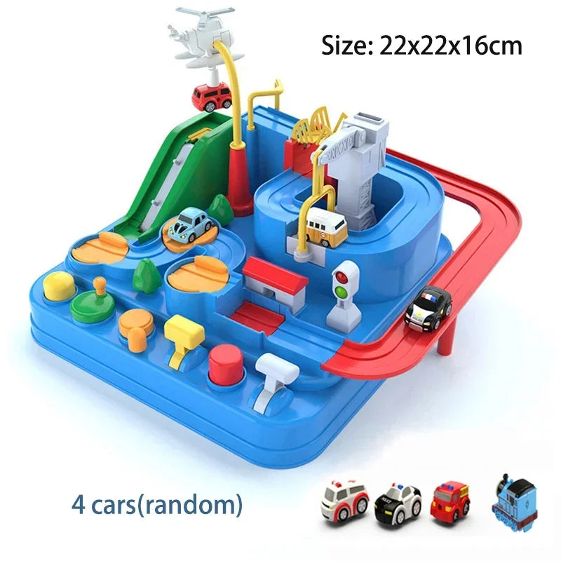red blue green race car track 4 cars