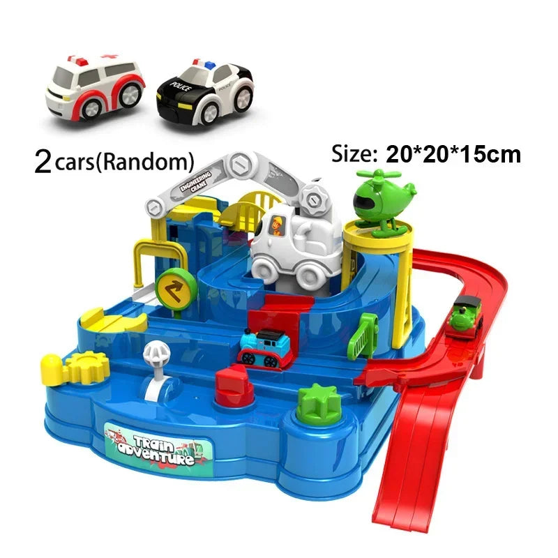 red blue yellow race car track 2 cars
