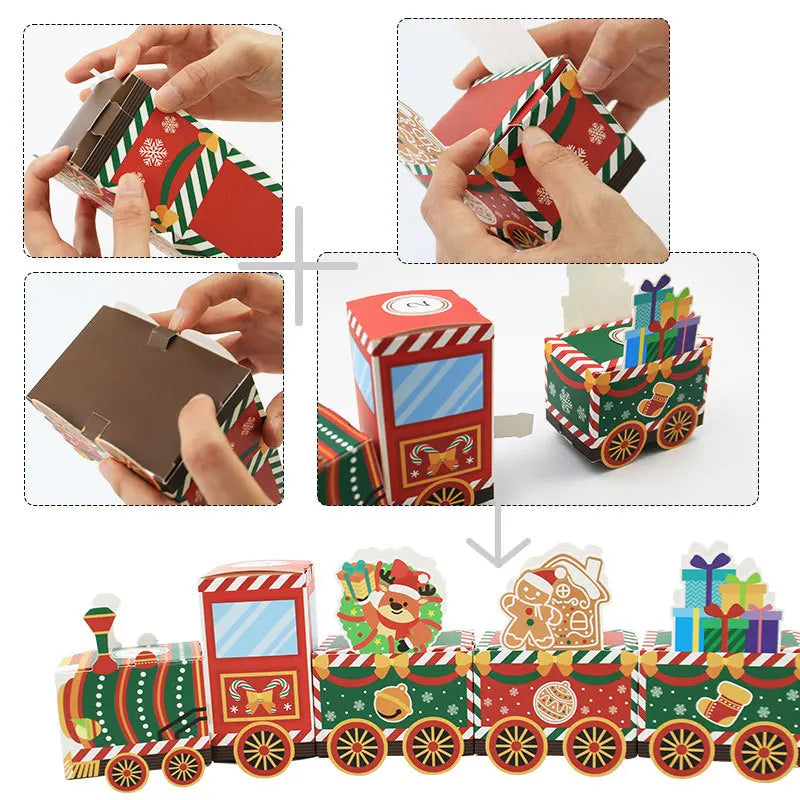 Step-by-step assembly of a Christmas-themed paper train model.