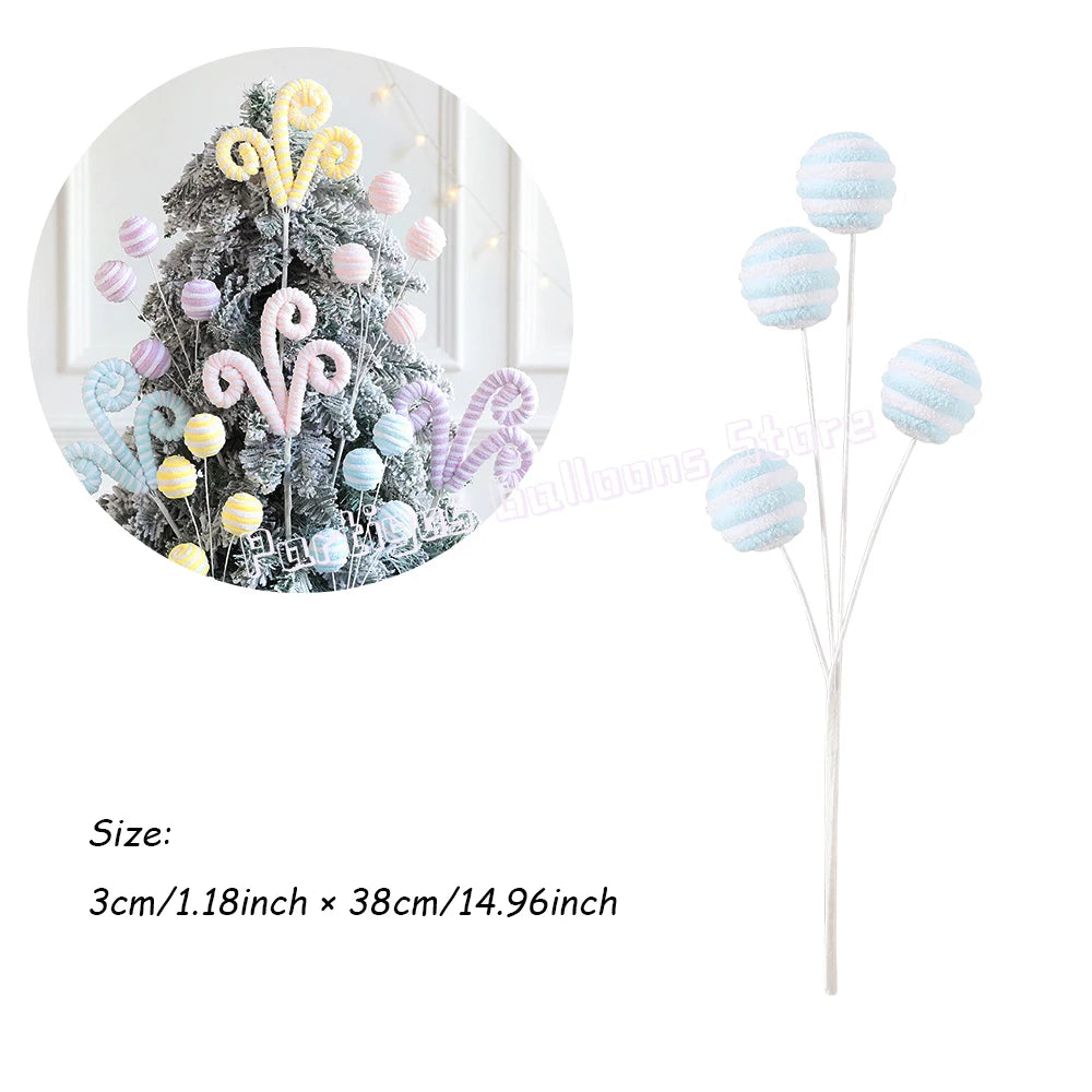 white and blue candy cane balls Christmas tree stems