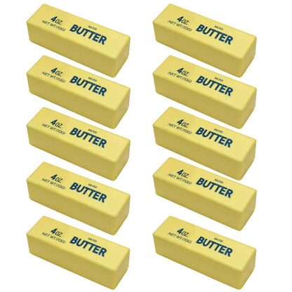 Yellow butter blocks with blue text on a white background