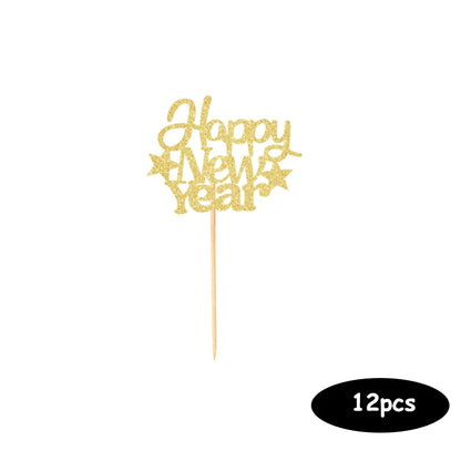 Gold 'Happy New Year' topper on a white background with a label indicating 12 pieces.