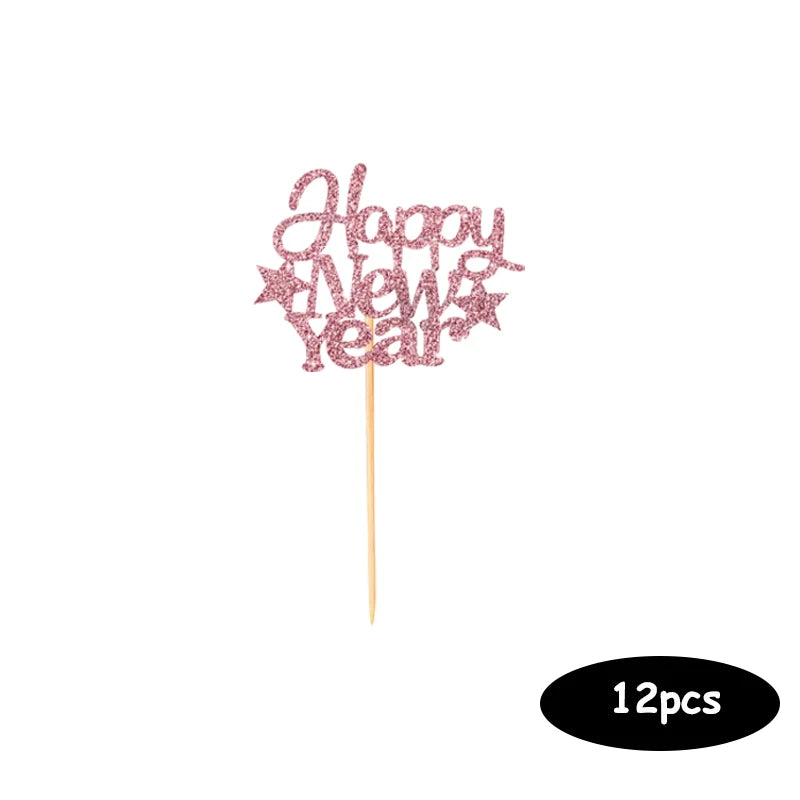 Happy New Year decorative stick with pink glitter text on a white background, labeled '12pcs'.