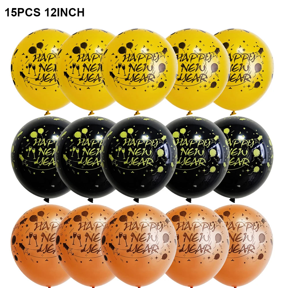 Set of 15 New Year's Eve balloons in yellow, black, and orange with 'Happy New Year' text.