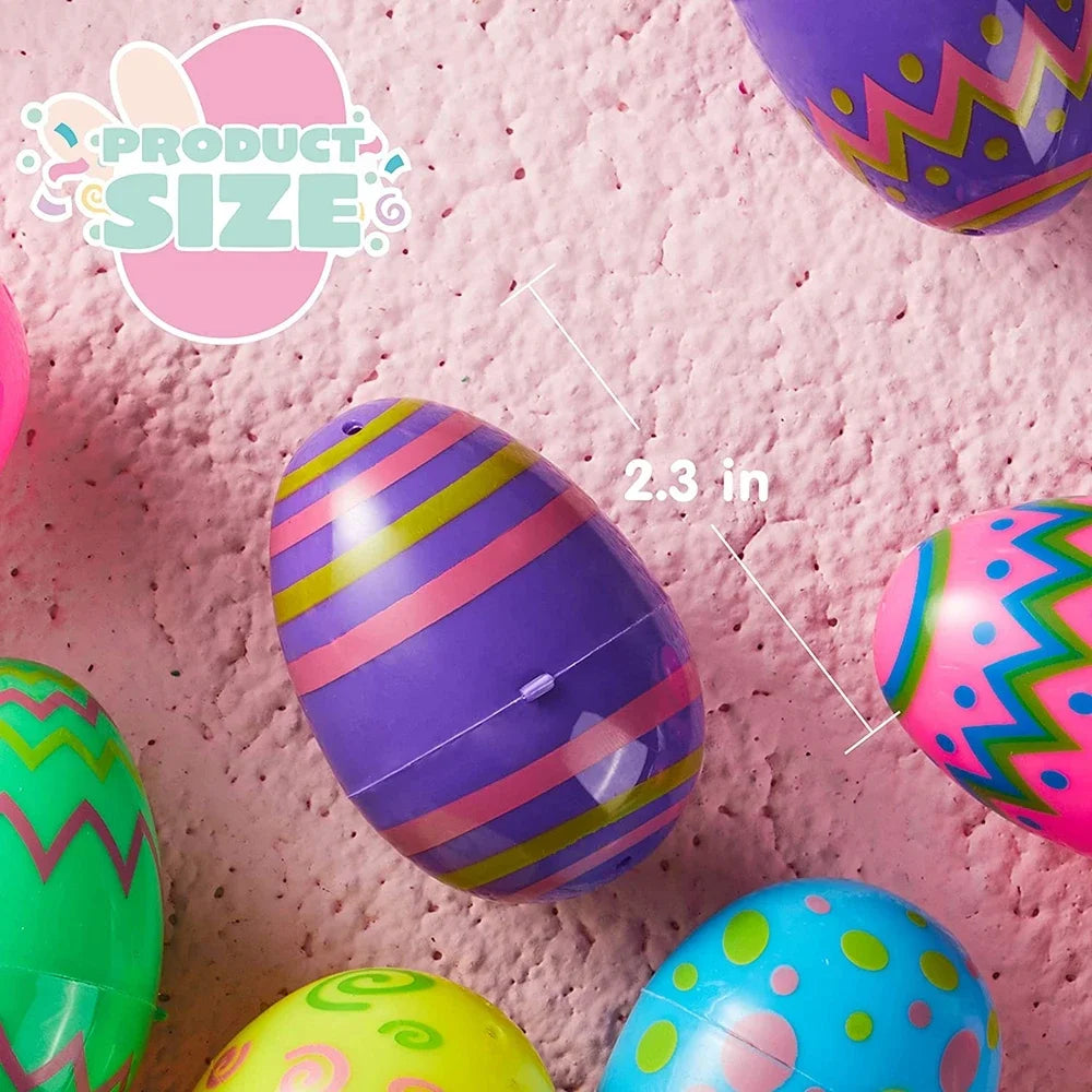 Colorful Easter eggs with patterns on a pink textured background, labeled 'Product Size' and '2.3 in'.