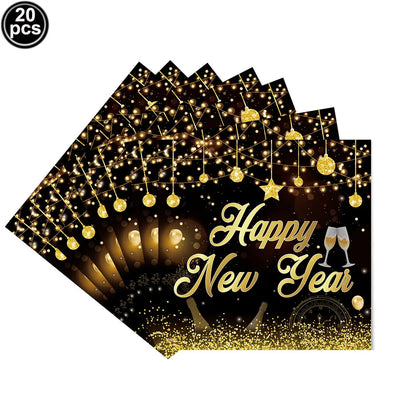 Pack of 20 New Year's Eve table napkins with gold and black design.