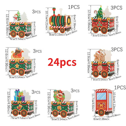 Set of Christmas-themed train decorations with dimensions and quantities indicated.
