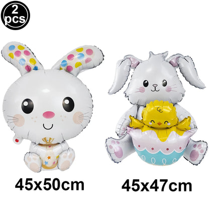 Two cartoon bunny-shaped balloons with sizes 45x50cm and 45x47cm on a white background.