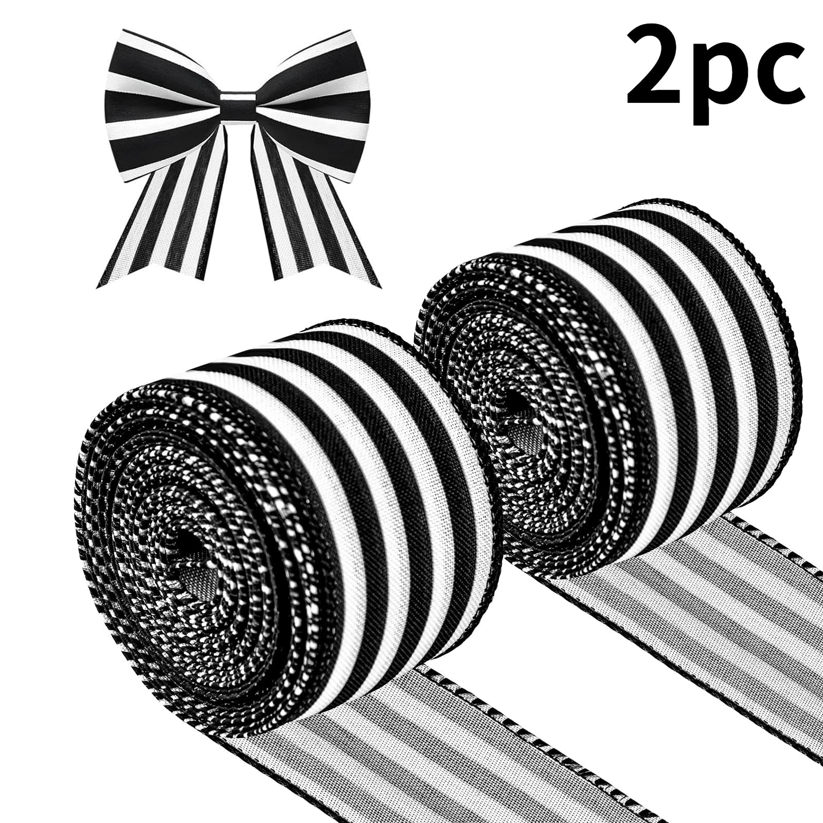Two rolls of black and white striped grosgrain ribbon with a bow graphic and '2pc' text on a white background.