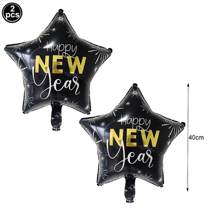 Two black star-shaped 'Happy New Year' balloons with gold and white text on a white background.