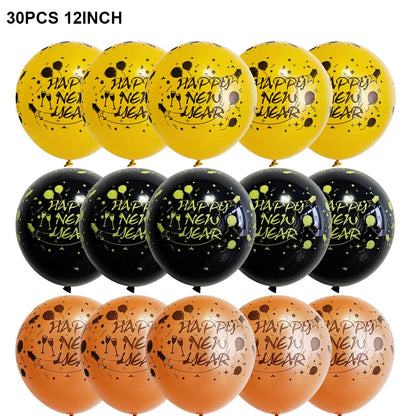 Set of 30 'Happy New Year' balloons in yellow, black, and orange on a white background.