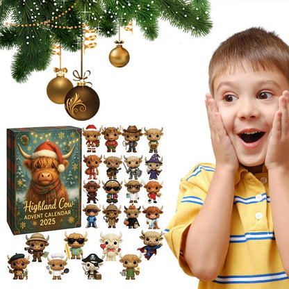 Advent calendar with Highland Cow design and small figurines, child excitedly looking at it.