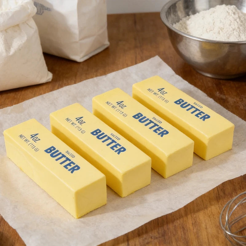 Four blocks of butter on a wooden surface with flour and a whisk in the background.