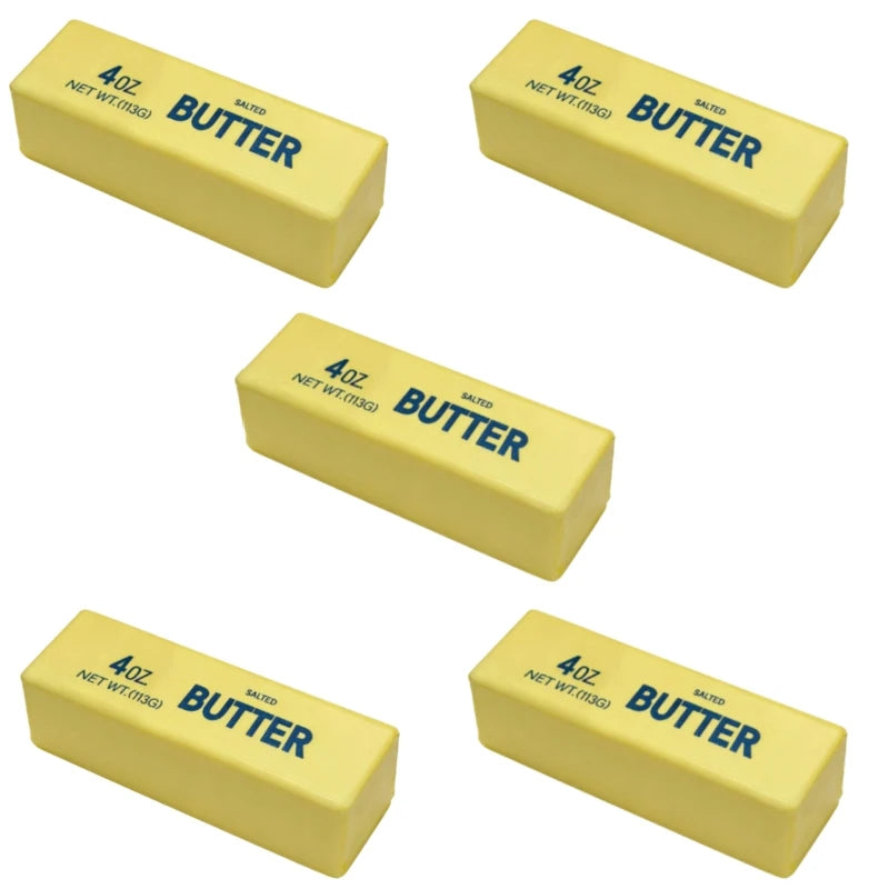 Five yellow blocks of butter with 'Butter' text on a white background