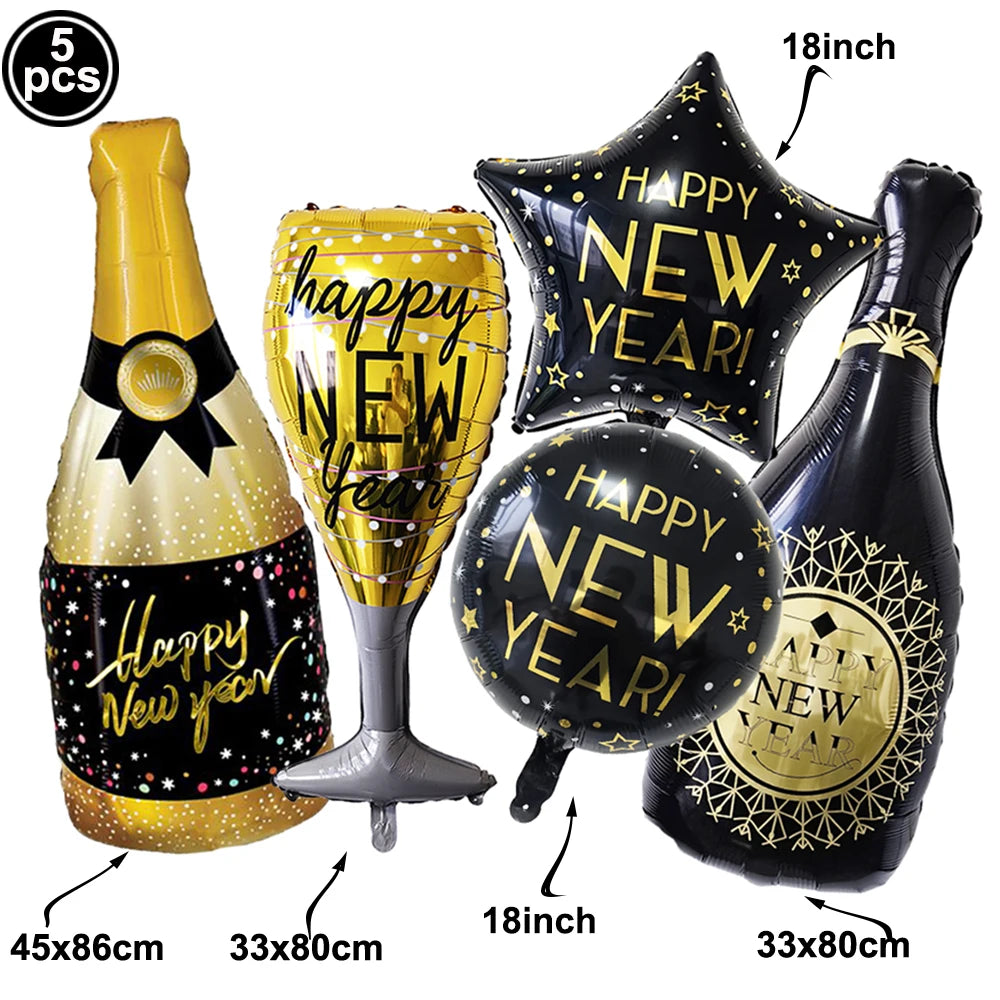 Set of New Year's Eve balloons including a bottle, glass, and star-shaped balloon with 'Happy New Year!' text.