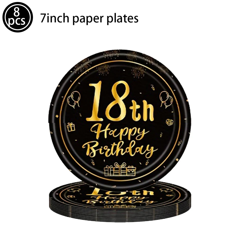 8pc 7 inch black and gold 18th birthday plates