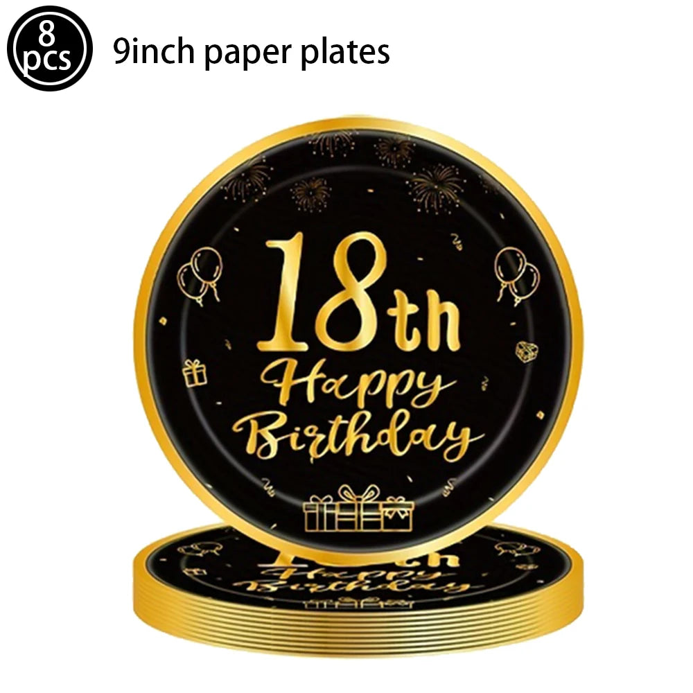 8pc 9 inch black and gold 18th birthday paper plates