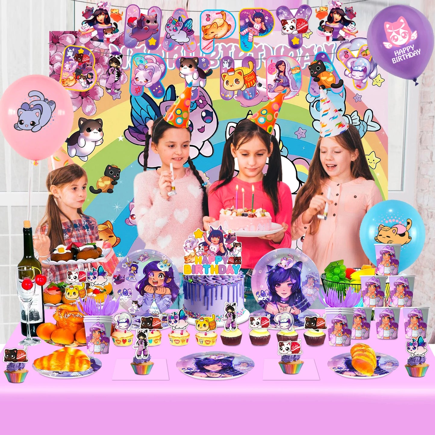 Children at a birthday party with themed decorations and food.