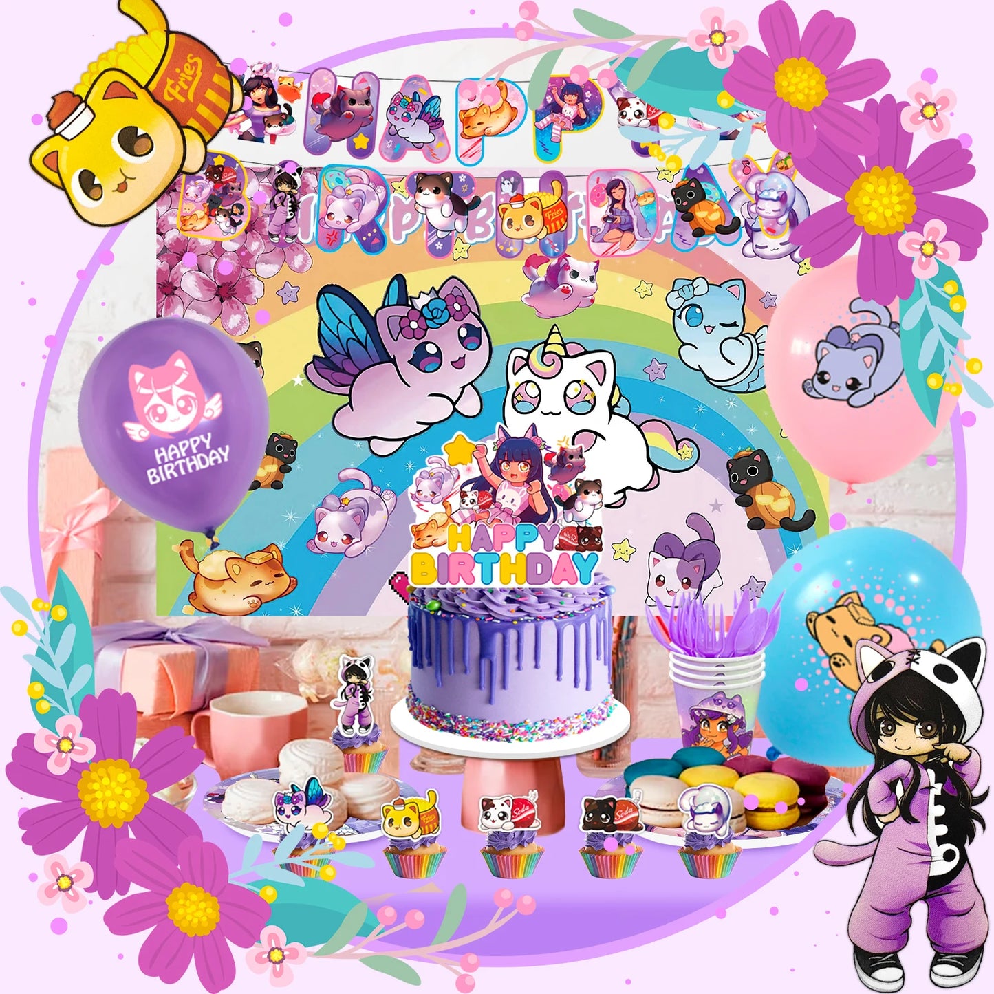 Children's birthday party setup with cartoon characters, cake, and decorations.