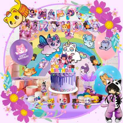 Children's birthday party setup with cartoon characters, cake, and decorations.