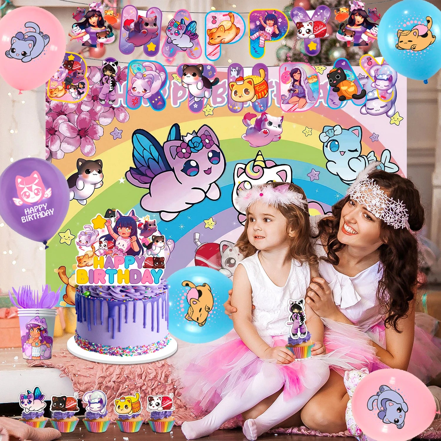 Children's birthday party with colorful decorations, balloons, and a cake.